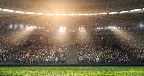 Sports stadium with pitch and stands full of cheering crowds