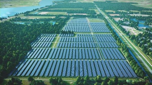 Rendering of a field filled with lines of solar car ports, trees interspersed and a river in background.