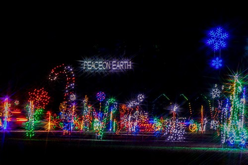 Christmas lights with candy canes, stars and Peace on Earth