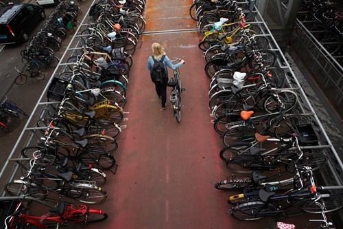 Bicycle Parking Girl Walking With Her Bike