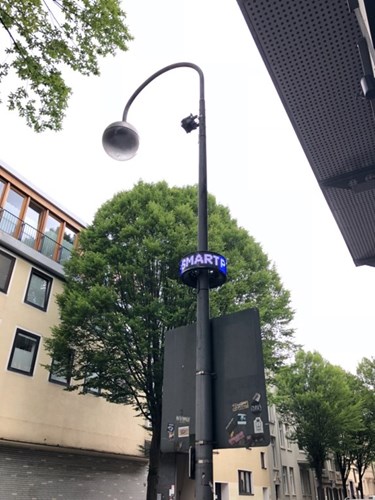 A lamppost with a circular parking guidance sign, trees and apartment buildings in background