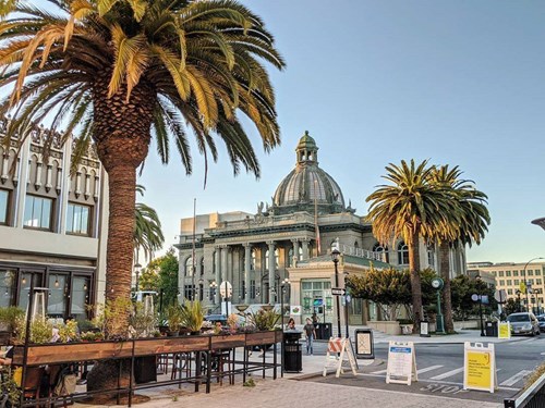 Image of downtown Redwood with domed building in the background, pedestrianized street and palm trees in foreground