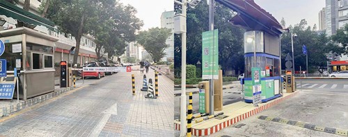 Two photos of car park entry/exits with barriers, kiosks and signs with QR codes