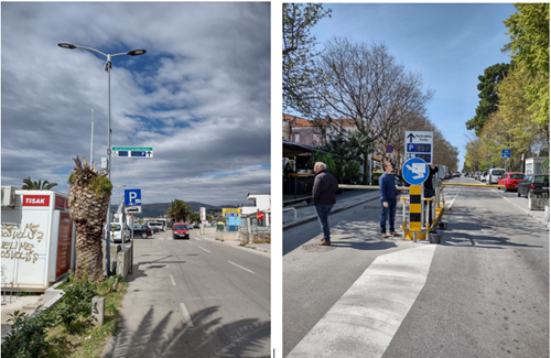 Two images of entrance to the outdoor parking lot