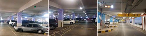 Three photos of the interior of a parking garage showing yellow signs and pgs lights