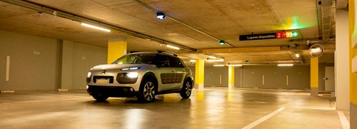 Car driving in the underground parking lot