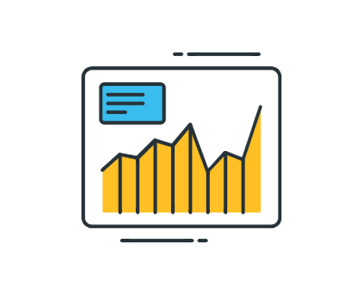 Icon of a yellow line graph with a blue label