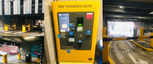 Entry and Exit lanes and parking machine at indoor parking garage