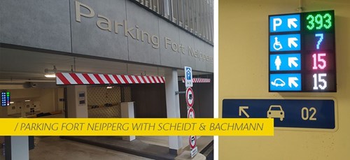 The entrance to a parking garage with a red and white barrier