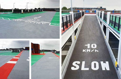 Collage of four images of a parking garage roof and ramp sealed with colorful waterproofing membrane