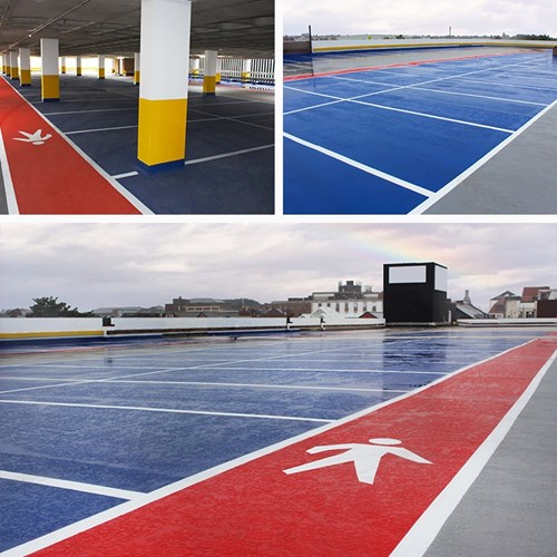 Collage of three images of a parking garage, showing rooftop and interior coated in colorful waterproofing