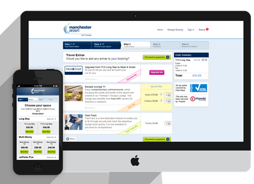A computer monitor and smartphone both display a web page for booking parking at Manchester Airport
