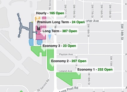 American street map shows airport parking facilities.